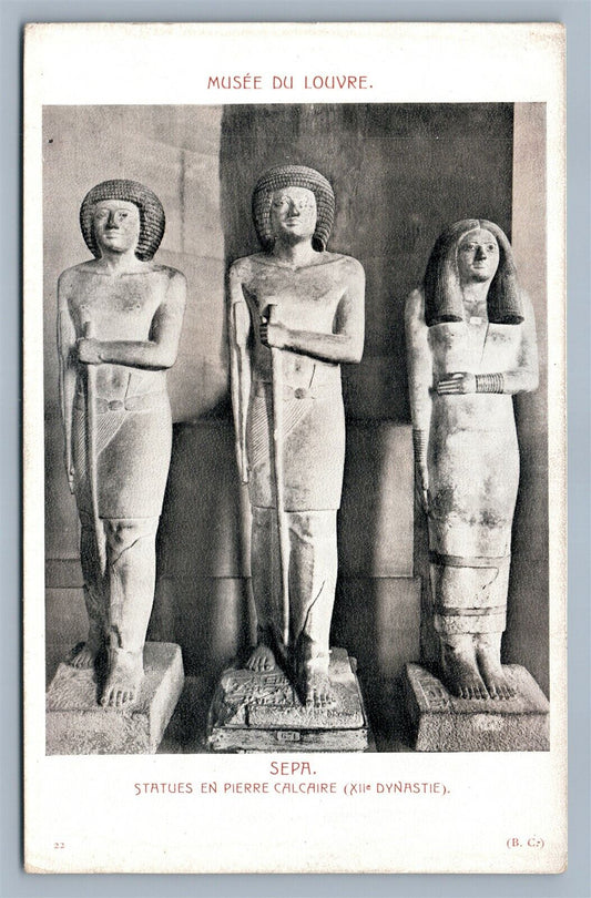EGYPTIAN PHARAOHS STATUES in LOUVRE MUSEUM FRANCE ANTIQUE POSTCARD