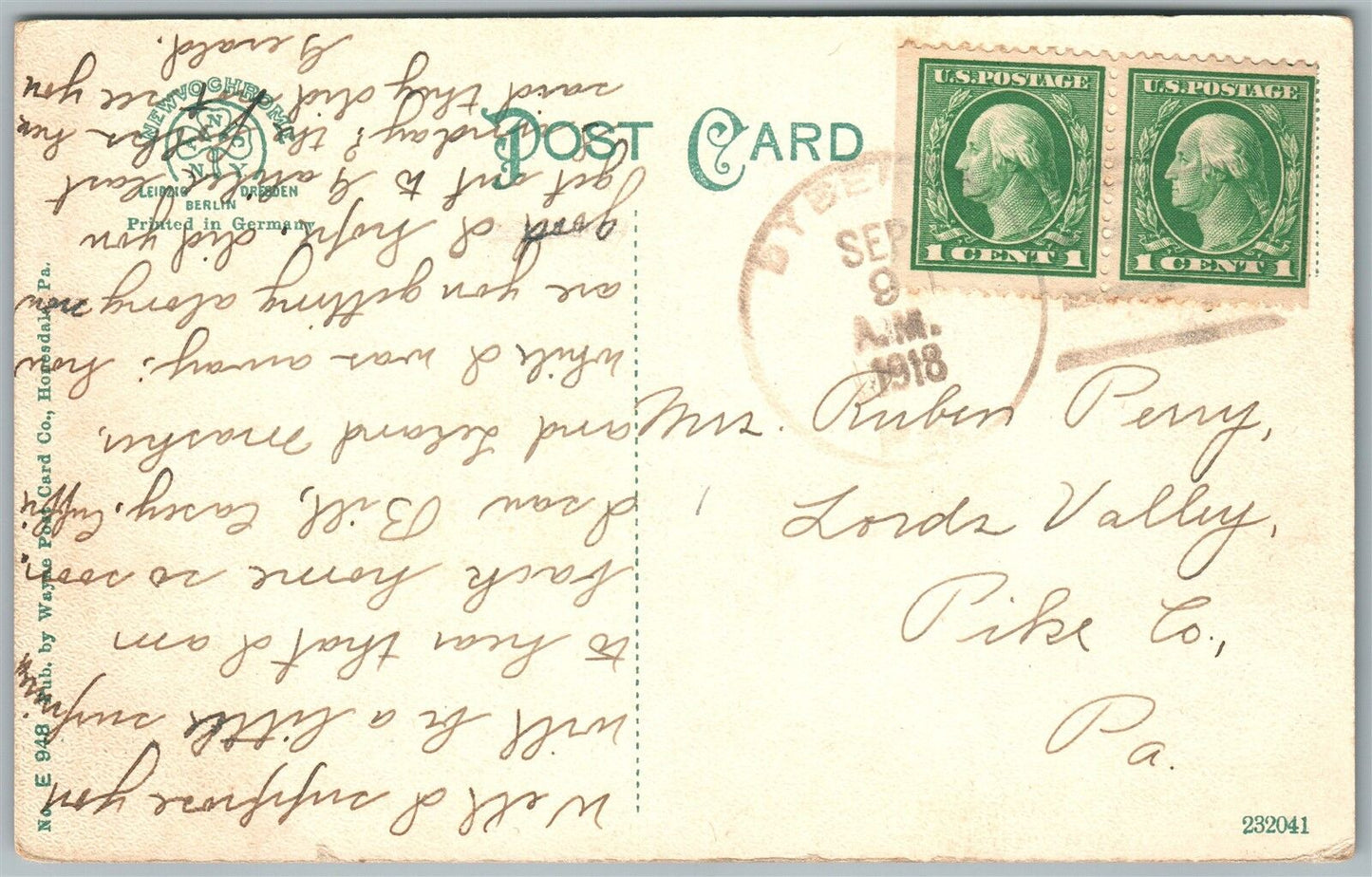 HONESDALE PA PARK LAKE 1918 ANTIQUE POSTCARD