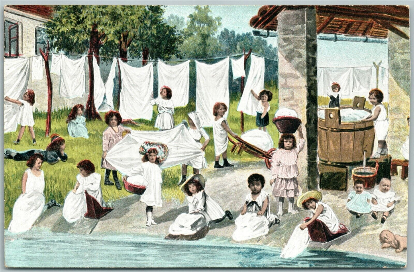 MULTIPLE BABIES LOUNDRY SCENE ANTIQUE POSTCARD