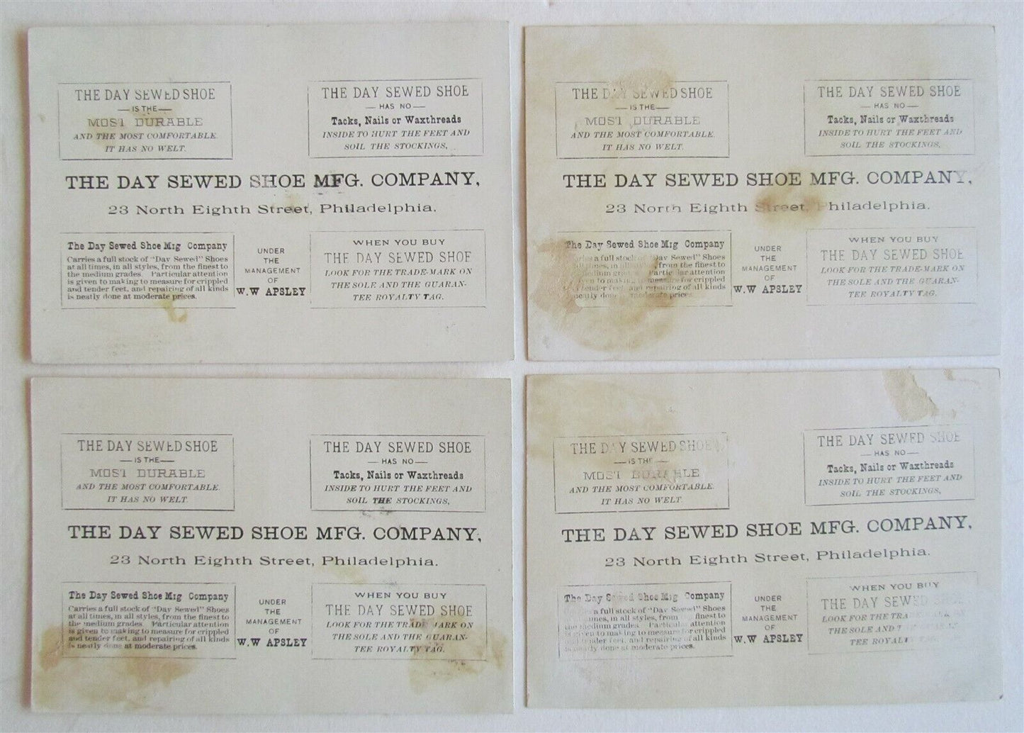 PHILADELPHIA PA DAY SEWED SHOE MFG CO SET OF 4 ANTIQUE VICTORIAN TRADE CARDS