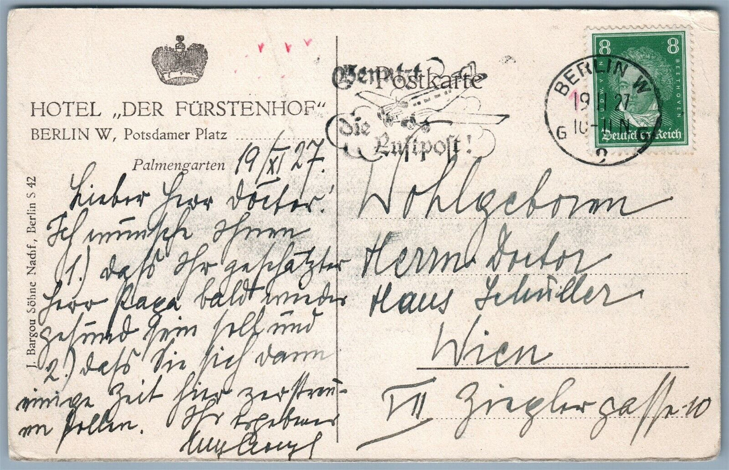 BERLIN GERMANY HOTEL DER FURSTENHOF 1927 ANTIQUE POSTCARD w/ STAMP