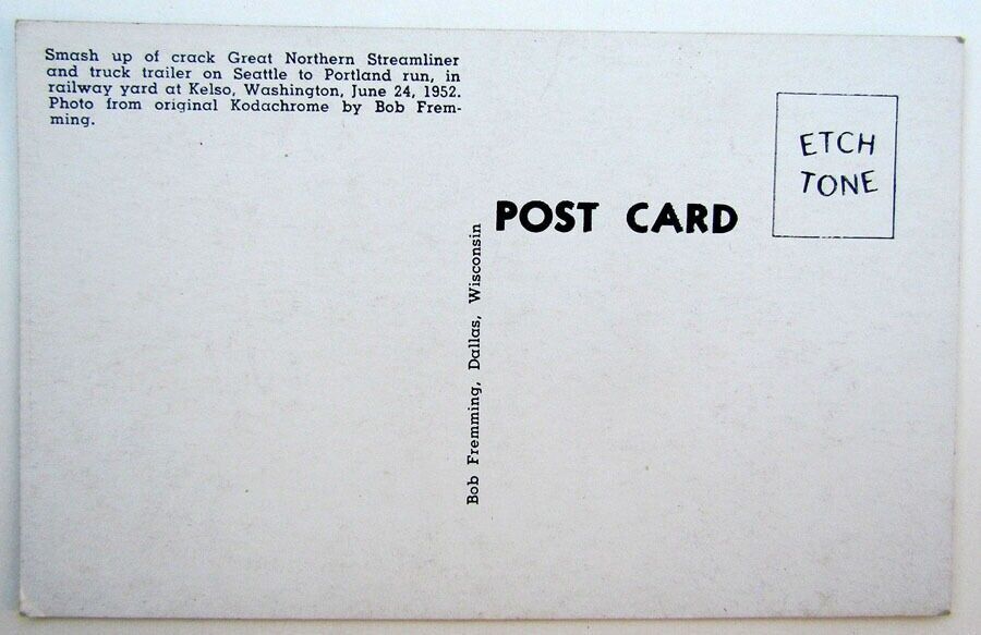 VINTAGE POSTCARD 1952 GREAT NORTHERN STREAMLINER TRAIN WRECK railroad railway
