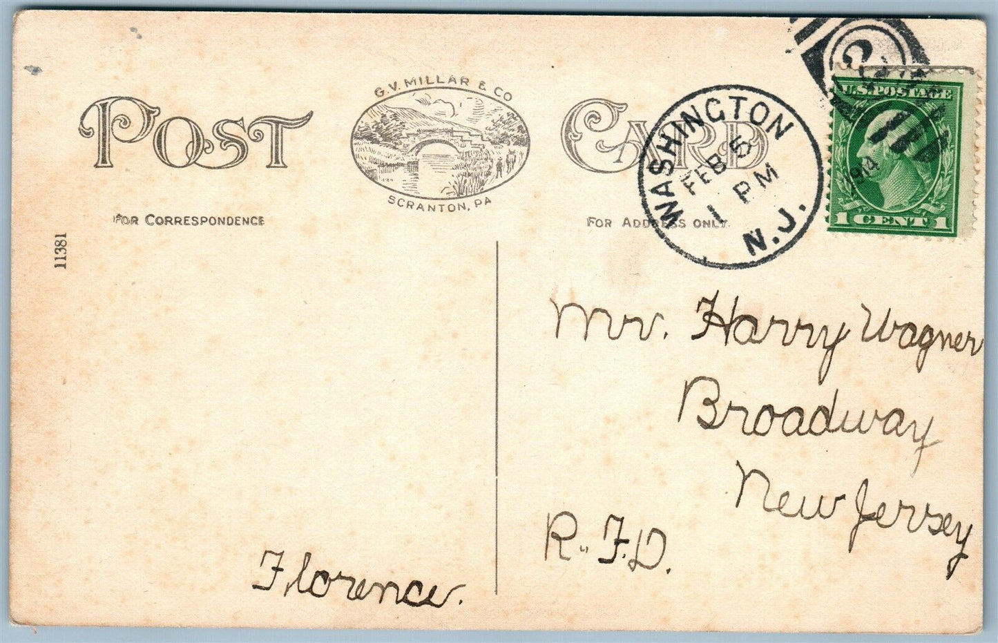 WASHINGTON NJ WASHINGTON AVE. ANTIQUE POSTCARD w/ CORK CANCEL