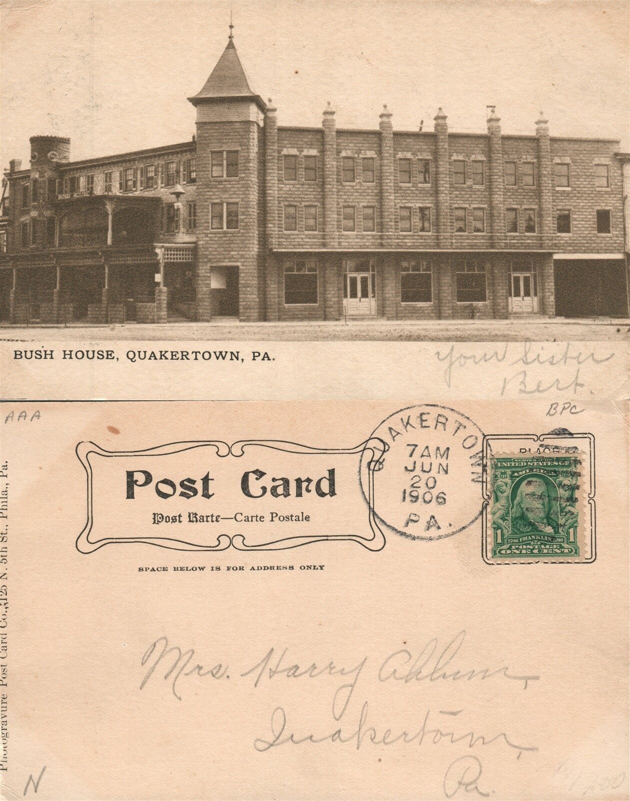 QUAKERTOWN BUCKS COUNTY PA BUSH HOUSE 1906 UNDIVIDED ANTIQUE POSTCARD