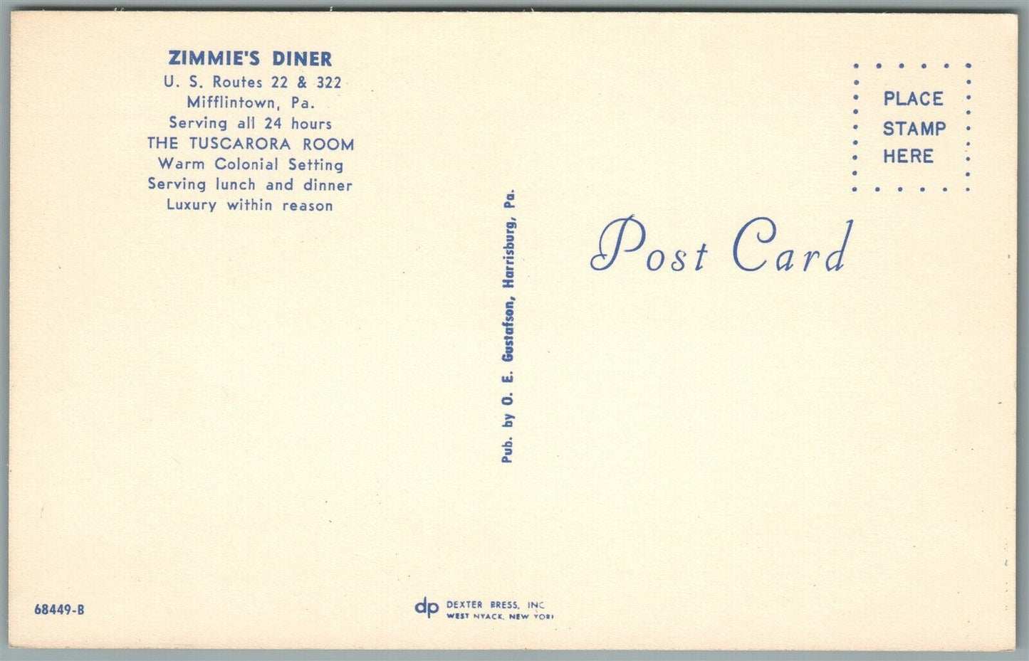 MIFFLINTOWN PA ZIMMIE'S DINNER VINTAGE POSTCARD