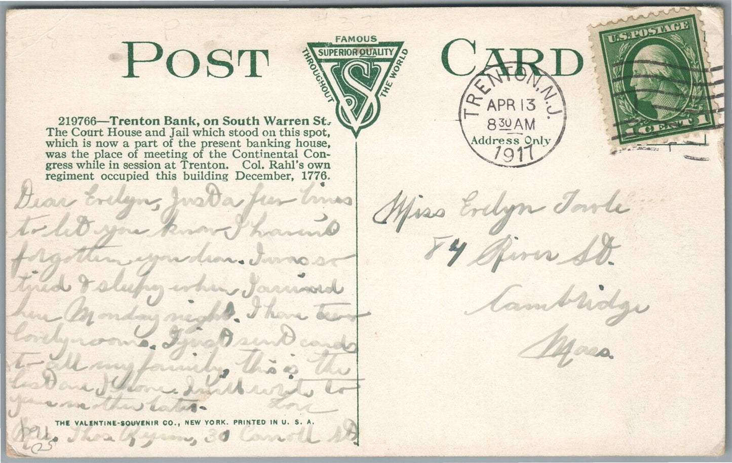 TRENTON NJ BANKING CO. ANTIQUE POSTCARD