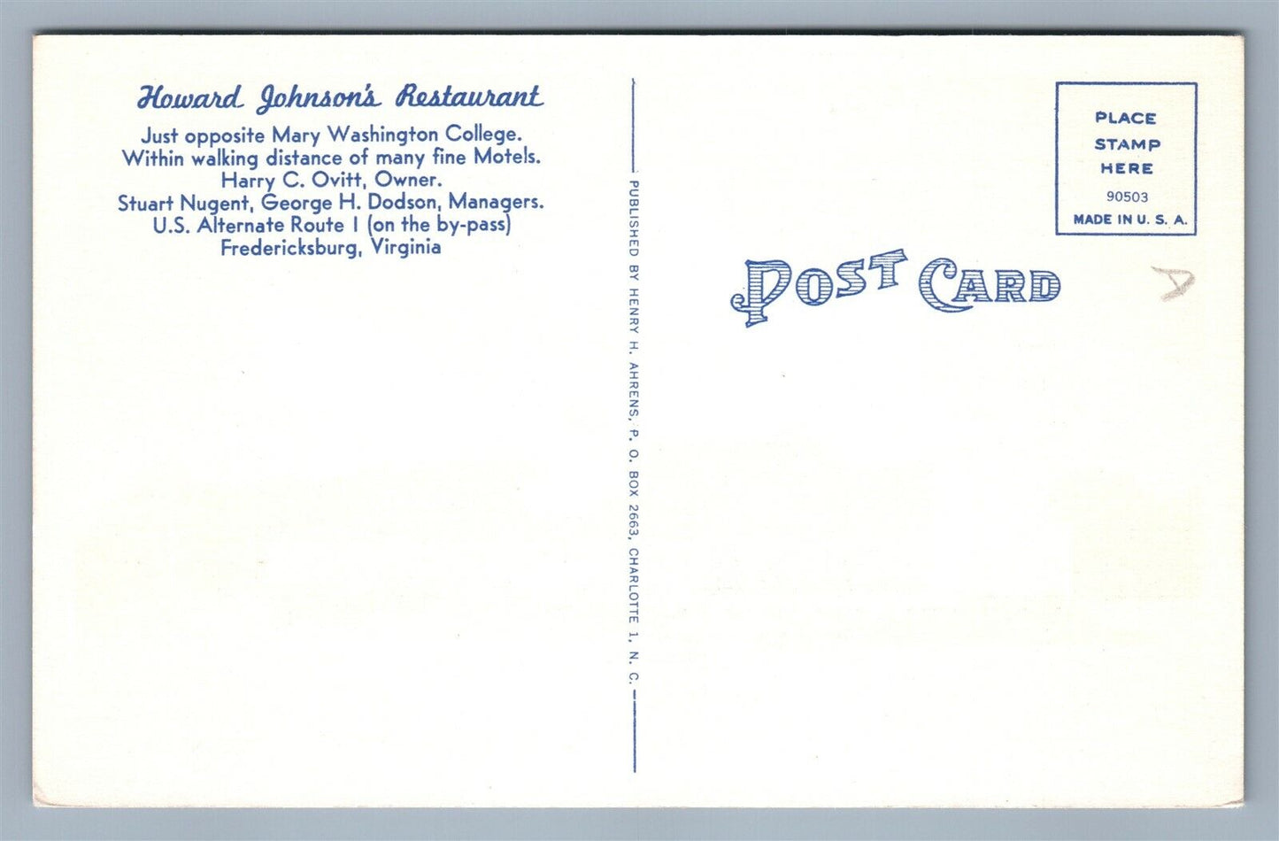 FREDERICKSBURG VA HOWARD JOHNSON'S ICE CREAM RESTAURANT VINTAGE POSTCARD