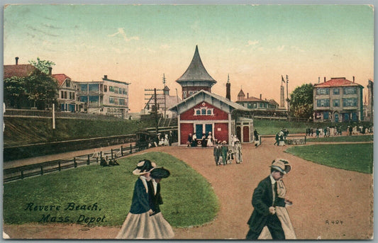 REVERE BEACH ME RAILROAD STATION RAILWAY TRAIN DEPOT ANTIQUE POSTCARD