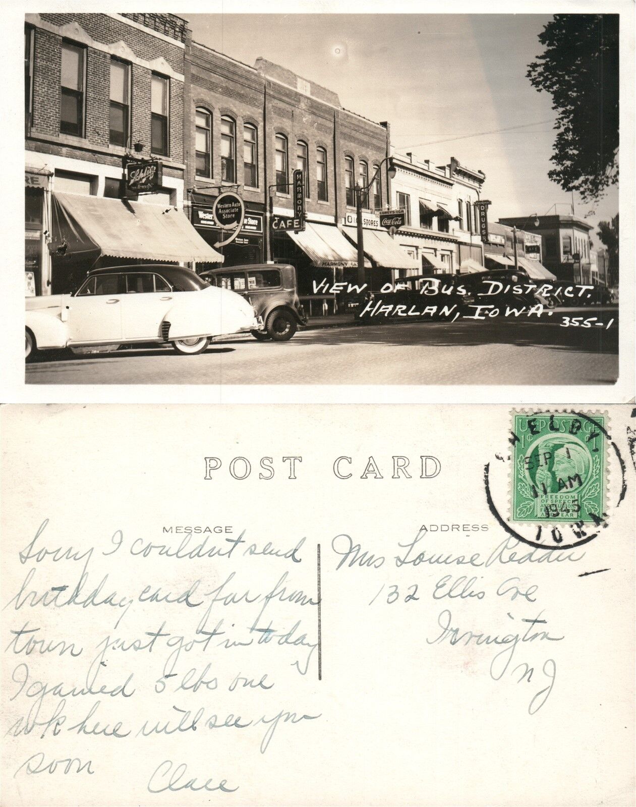 HARLAN IA BUSINESS DISTRICT STREET SCENE 1945 VINTAGE REAL PHOTO POSTCARD RPPC