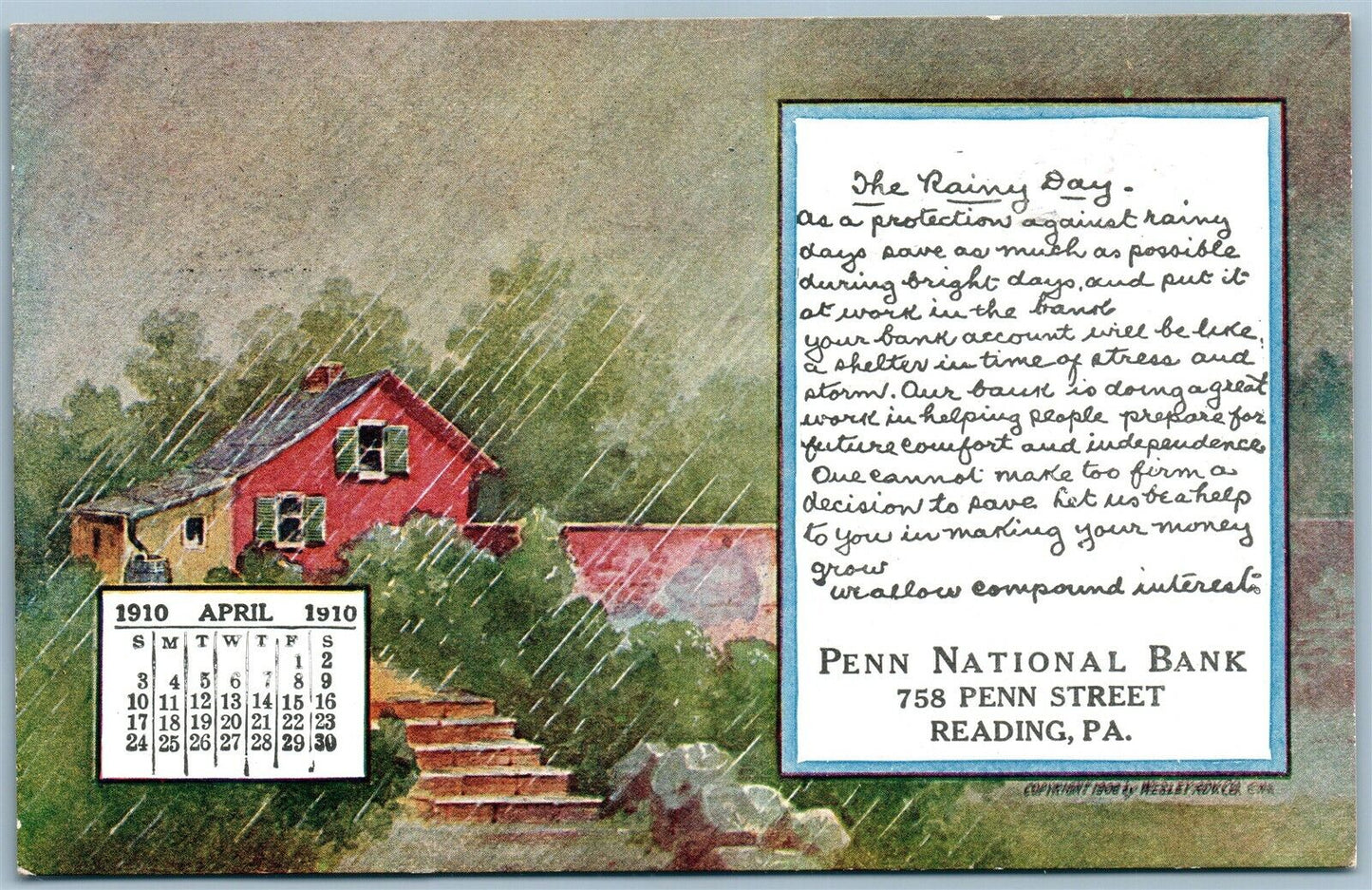 READING PA PENN NATIONAL BANK ADVERTISING ANTIQUE POSTCARD APRIL 1910 CALENDAR