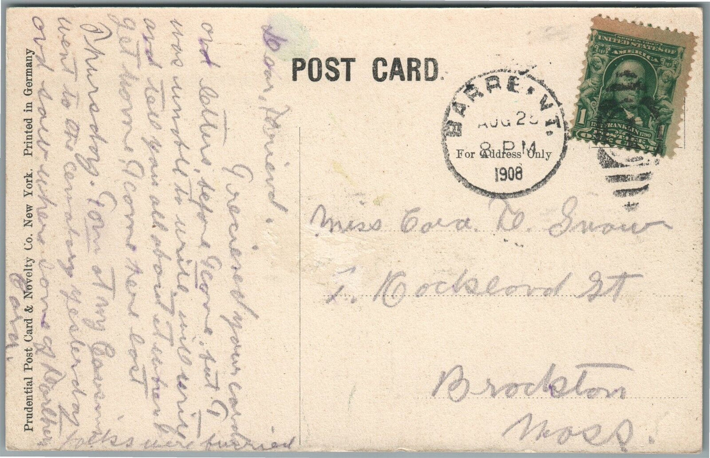 BARRE VT WASHINGTON STREET 1908 ANTIQUE POSTCARD