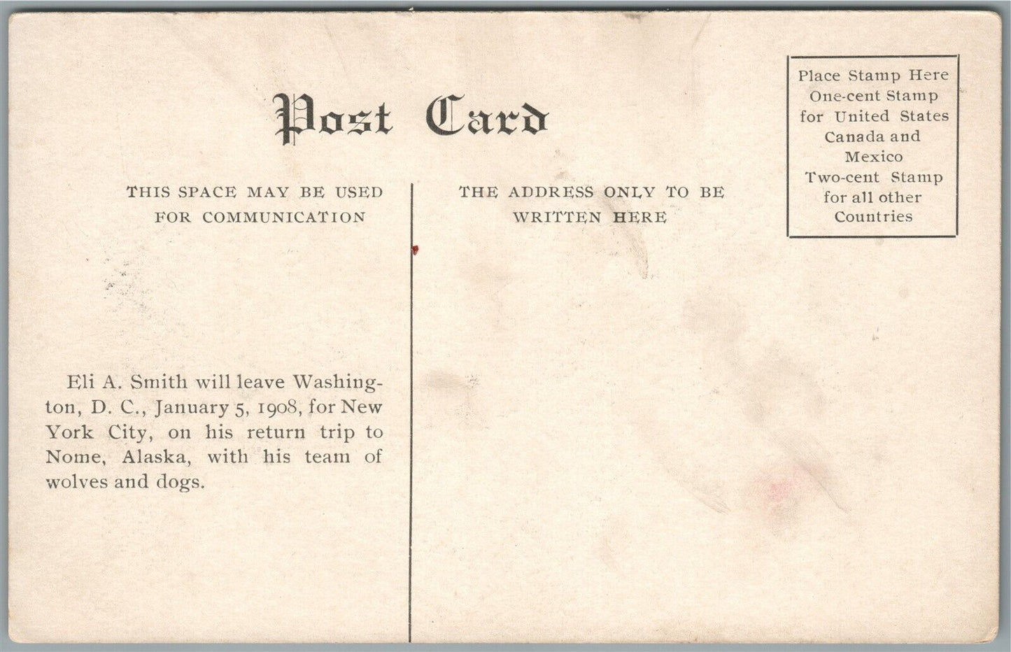 US MAIL CARRIER ELI SMITH TRIP FROM NEW YORK to NOME ALASKA ANTIQUE POSTCARD