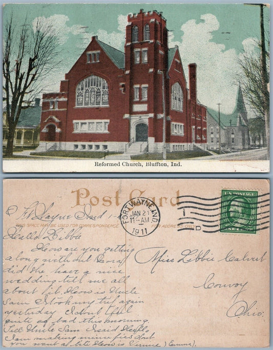BLUFFTON IND REFORMED CHURCH 1911 ANTIQUE POSTCARD