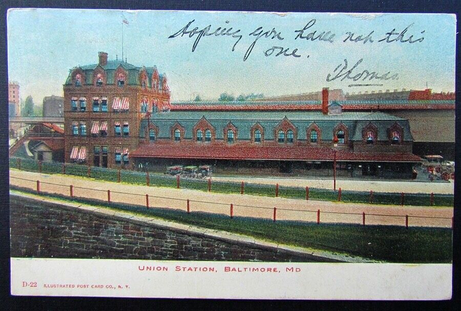 VINTAGE 1907 POSTCARD - UNION STATION BALTIMORE MD train railway railroad