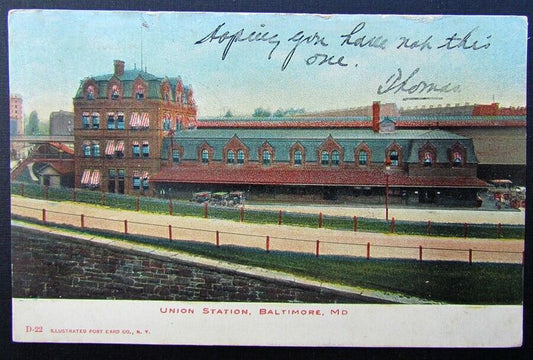 VINTAGE 1907 POSTCARD - UNION STATION BALTIMORE MD train railway railroad