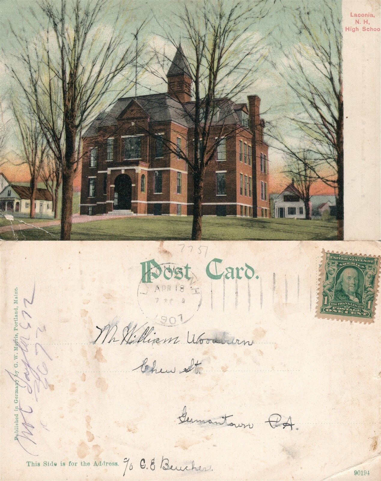 LACONIA N.H. HIGH SCHOOL 1907 UNDIVIDED ANTIQUE POSTCARD