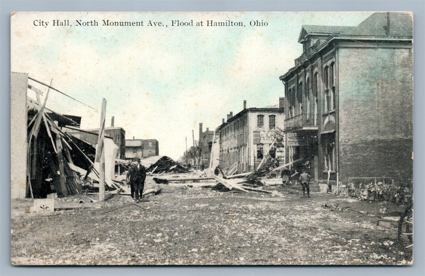 HAMILTON OH FLOOD SCENE CITY HALL NORTH MONUMENT AVENUE 1913 ANTIQUE POSTCARD