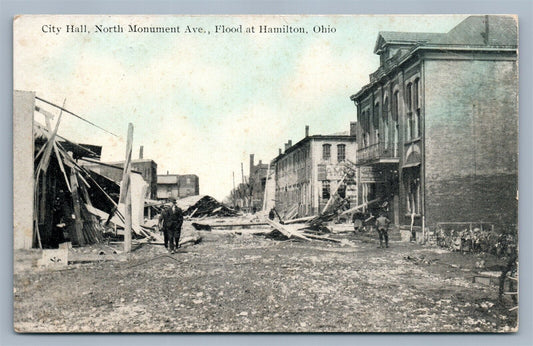 HAMILTON OH FLOOD SCENE CITY HALL NORTH MONUMENT AVENUE 1913 ANTIQUE POSTCARD