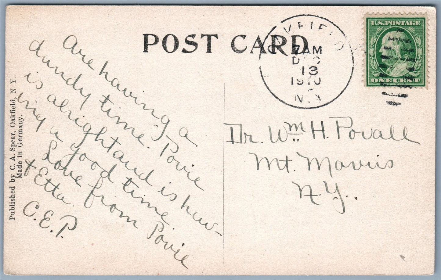 OAKFIELD NY WEBBER AVENUE 1910 ANTIQUE POSTCARD w/ CORK CANCEL