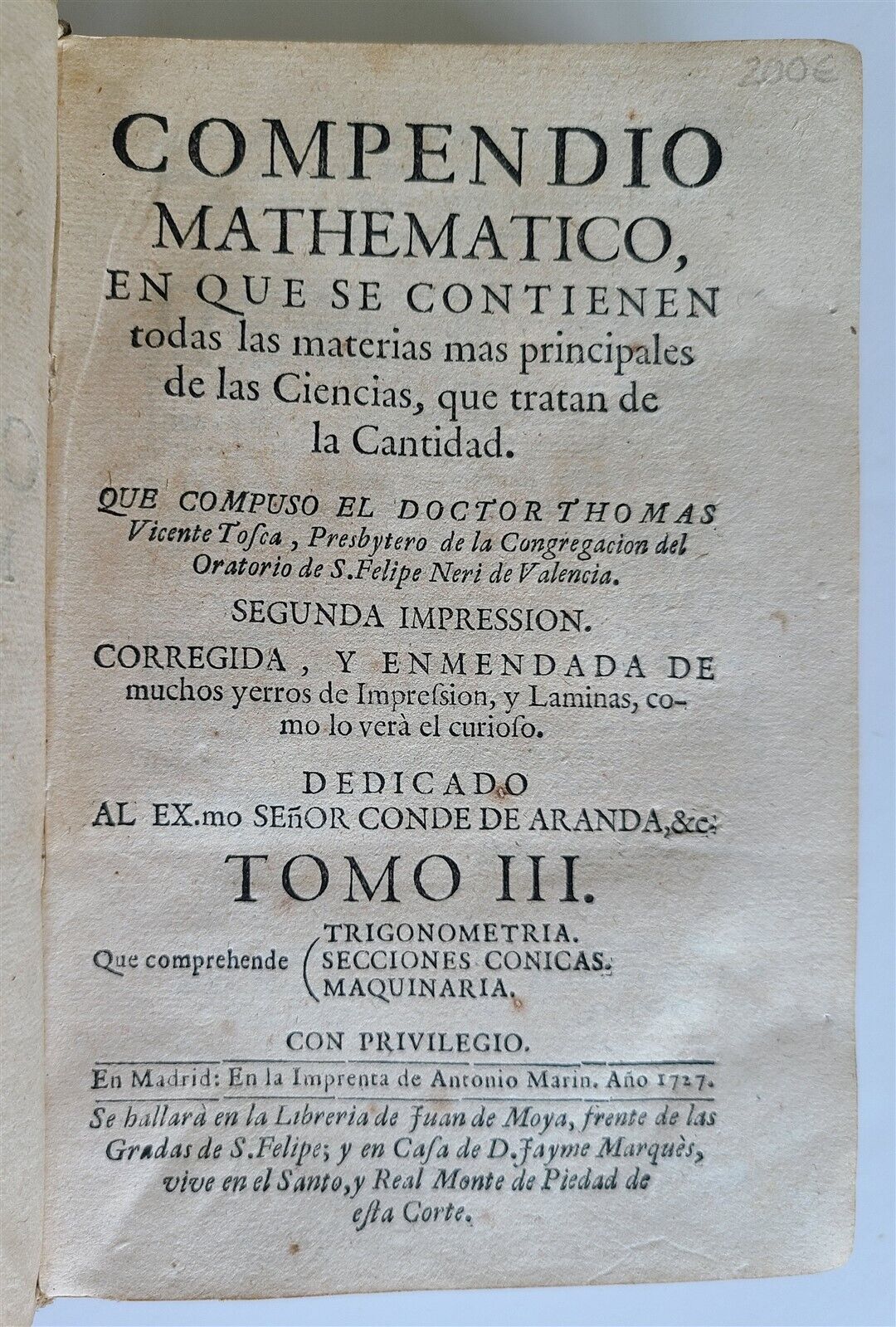 1727 MATHEMATICS in SPANISH Compendio mathematico antique TRIGONOMETRIA