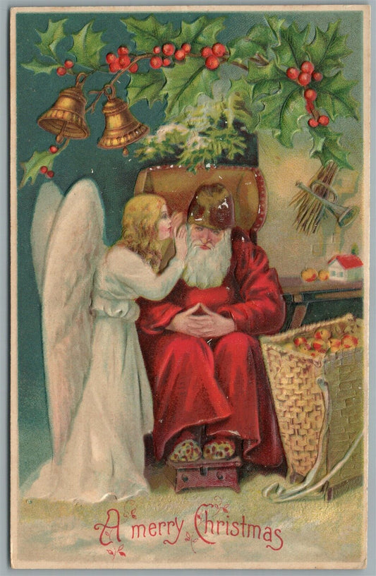 SANTA w/ ANGEL EMBOSSED ANTIQUE CHRISTMAS POSTCARD
