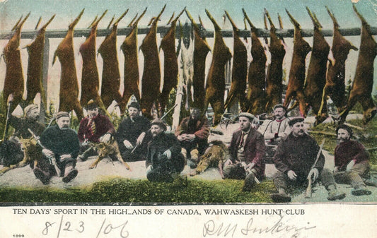 WAHWASKESH HUNTING CLUB CANADA 1906 ANTIQUE POSTCARD w/CORK CANCEL