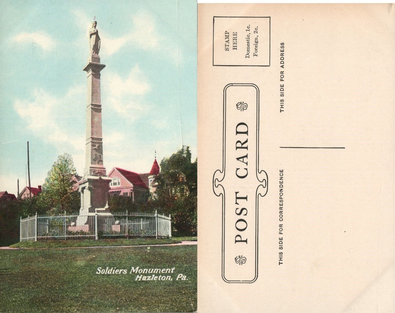 HAZLETON PA E.SOLDIER'S MONUMENT ANTIQUE POSTCARD