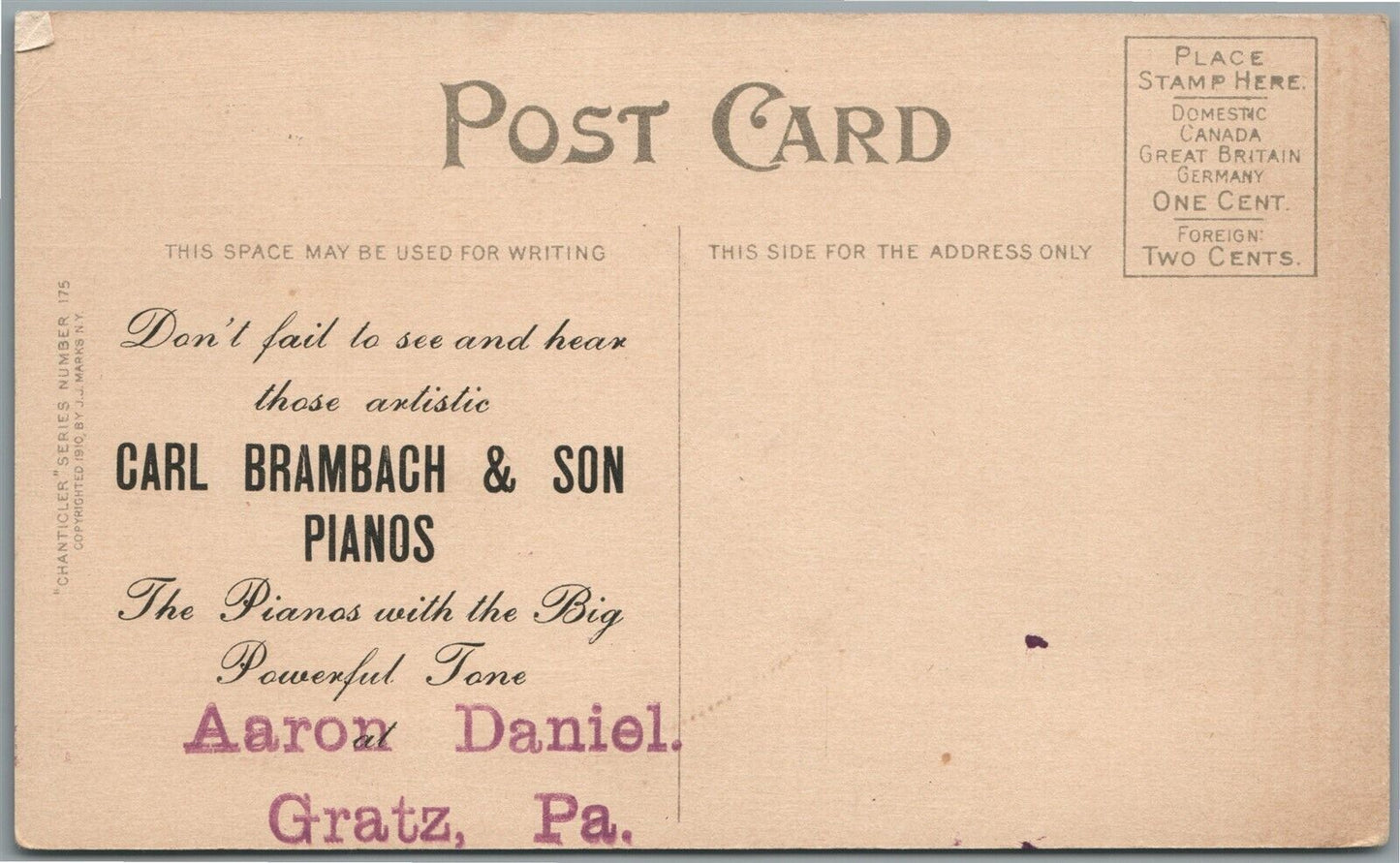 GRATZ PA CARL BRAMBACH PIANOS ADVERTISING ANTIQUE POSTCARD
