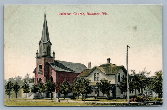 BLOOMER WI LUTHERAN CHURCH 1909 ANTIQUE POSTCARD
