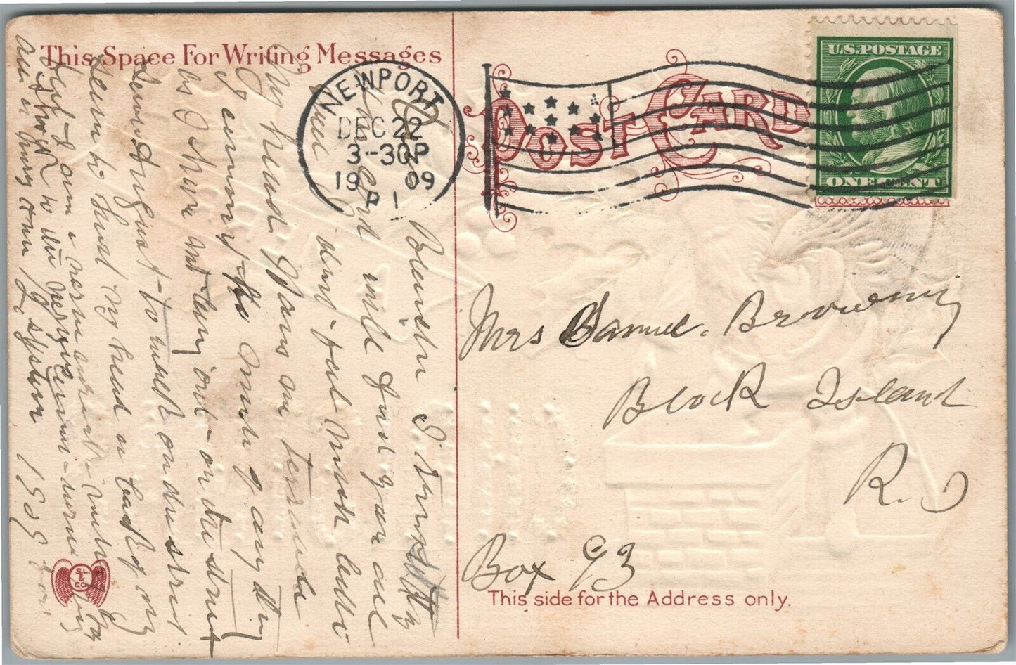 SANTA 1909 MERRY CHRISTMAS EMBOSSED ANTIQUE POSTCARD