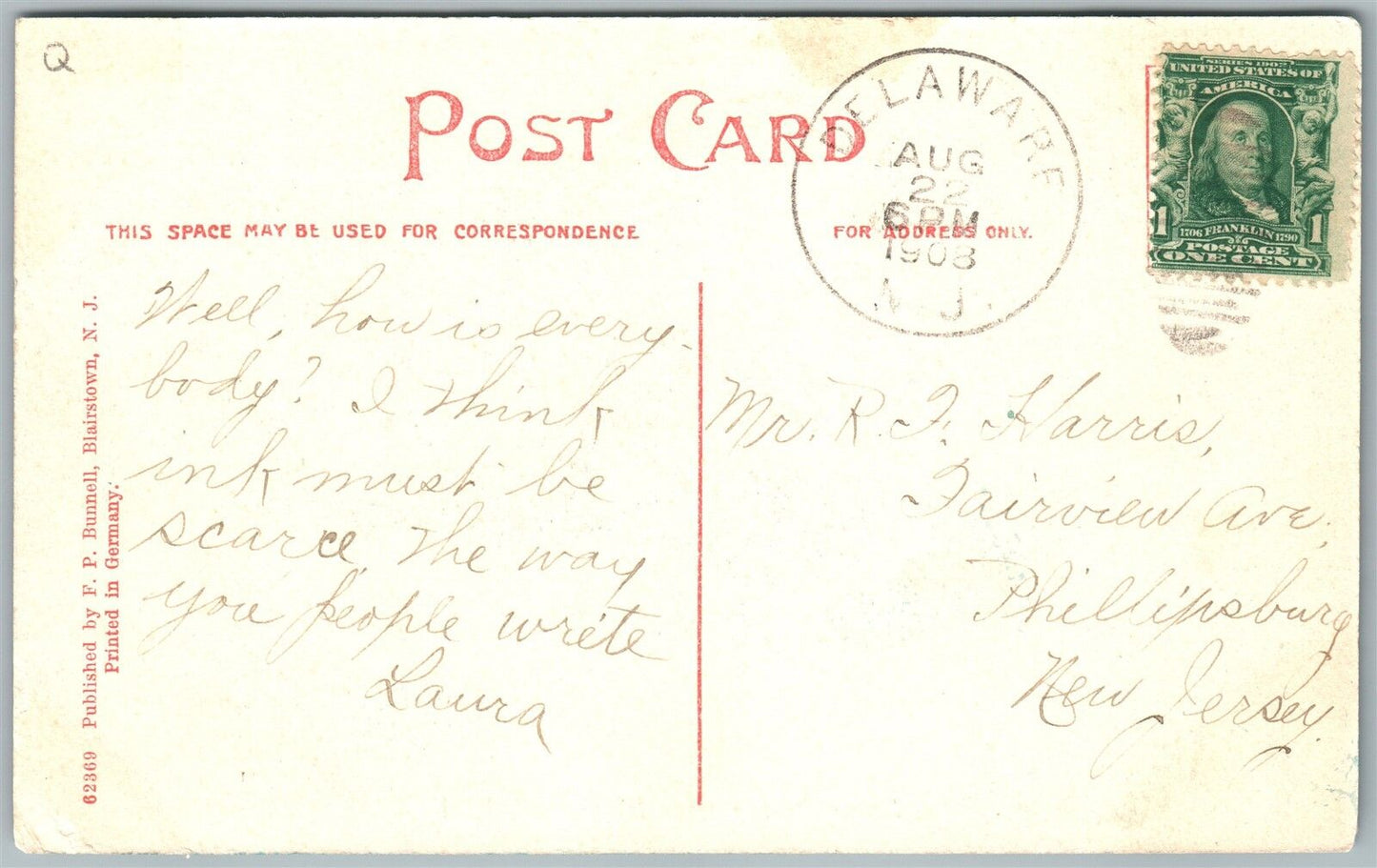 BLAIRSTOWN NJ STONE BRIDGE 1908 ANTIQUE POSTCARD