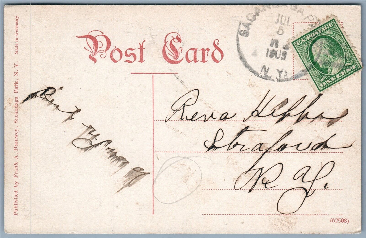 SACANDAGA PARK NY RAILROAD STATION 1909 UNDIVIDED ANTIQUE POSTCARD railway depot