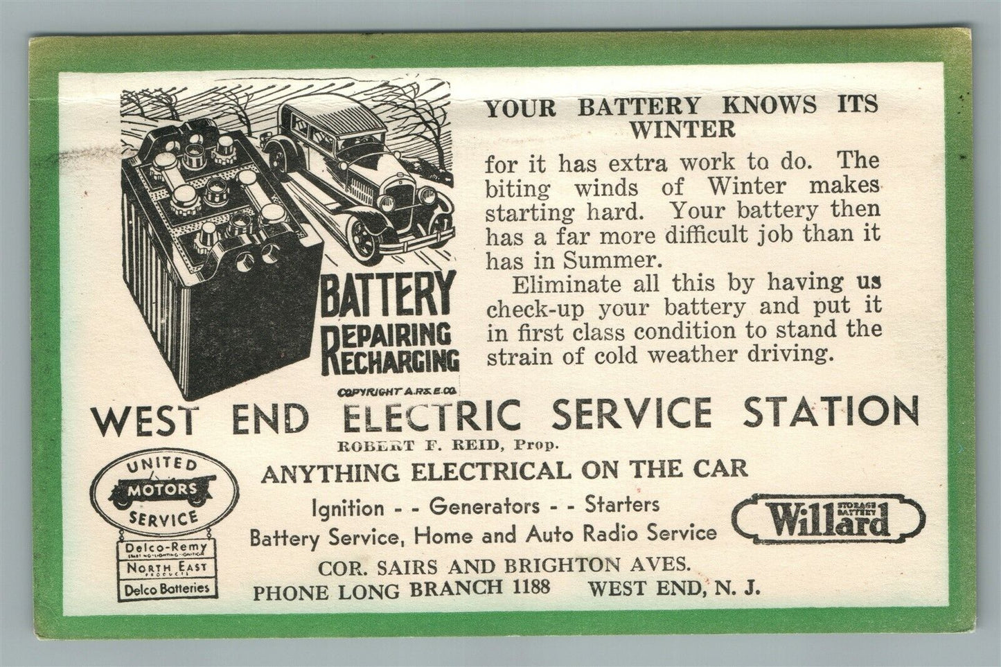 WEST END NJ ELECTRIC SERVICE STATION CAR BATTERIES ADVERTISING ANTIQUE POSTCARD