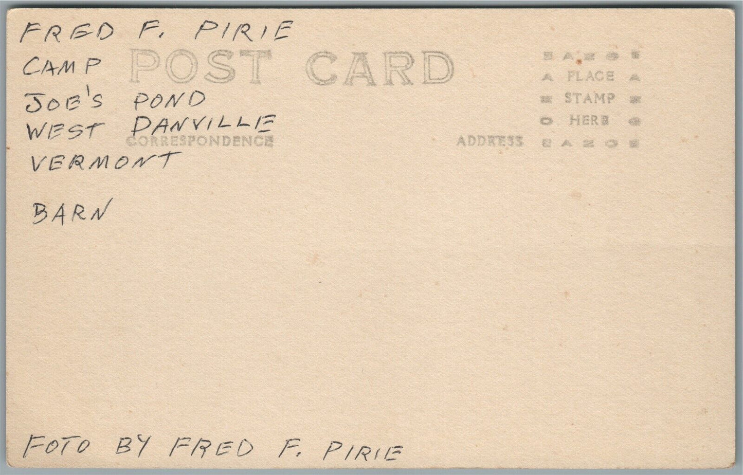 WEST DANVILLE VT CAMP JOE'S POND ANTIQUE REAL PHOTO POSTCARD RPPC