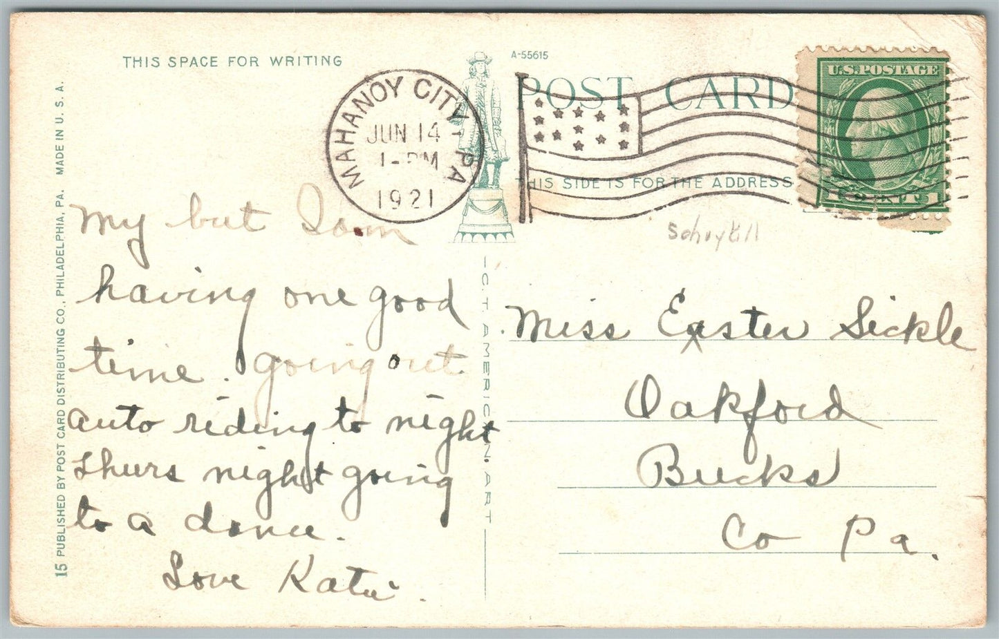 MANAHOY CITY PA ELECTRIC LIGHT PLANT 1921 ANTIQUE POSTCARD