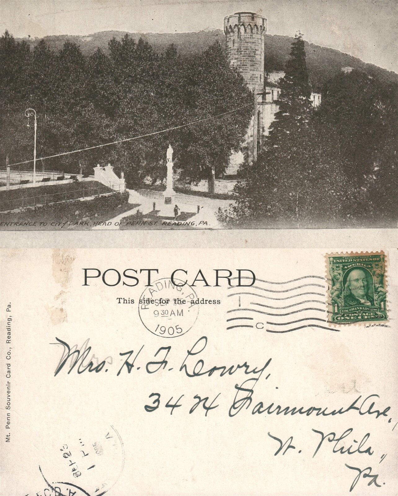 READING PA ENTRANCE TO CITY PARK 1905 UNDIVIDED ANTIQUE POSTCARD