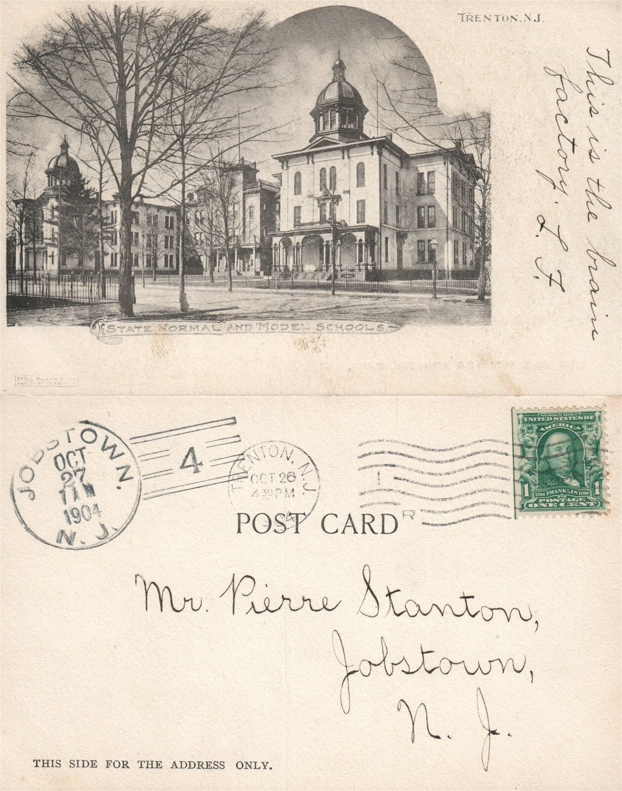 TRENTON N.J. STATE NORMAL & MODEL SCHOOLS 1904 UNDIVIDED ANTIQUE POSTCARD