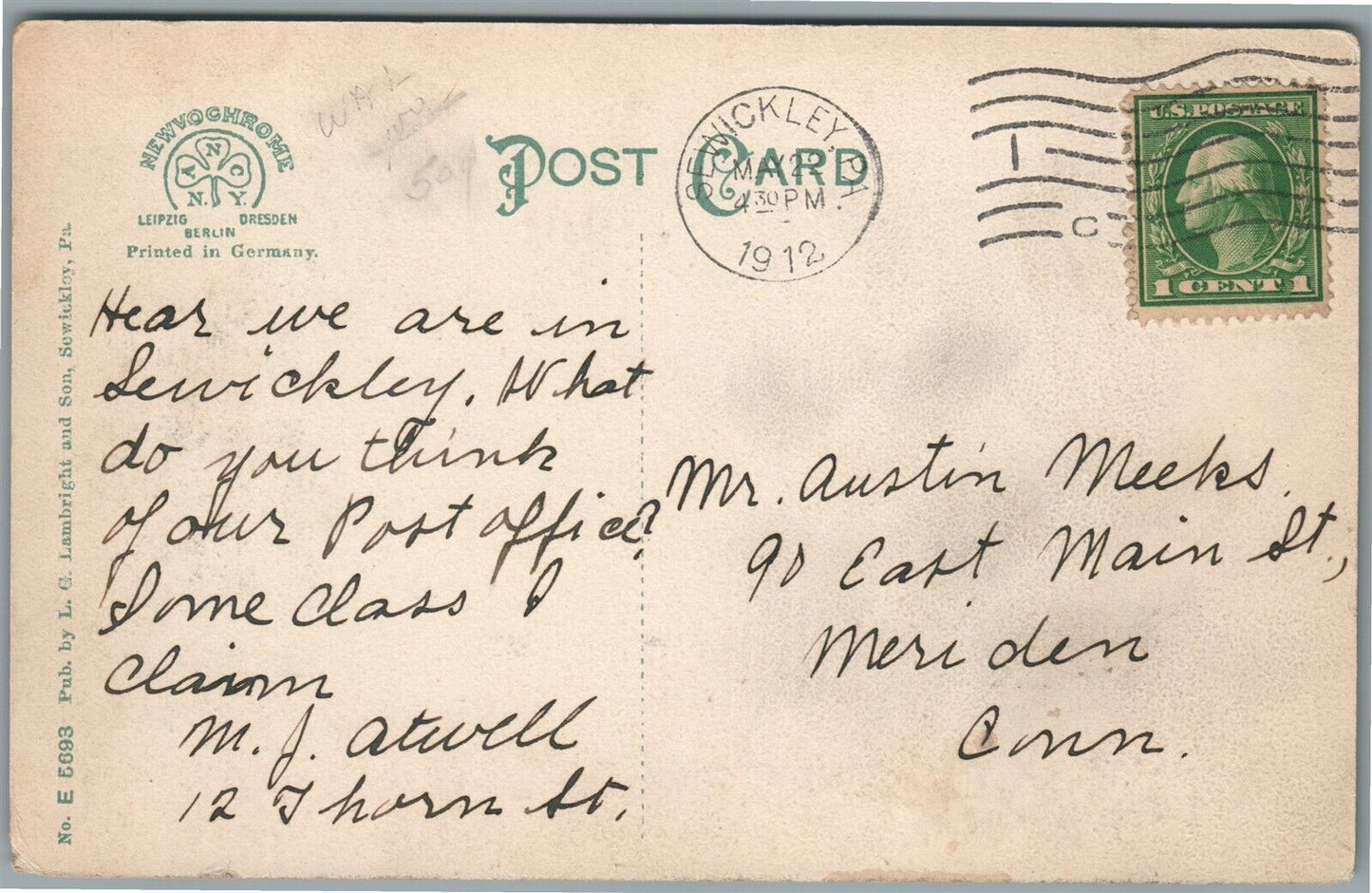 SEWICKLEY PA POST OFFICE ANTIQUE POSTCARD