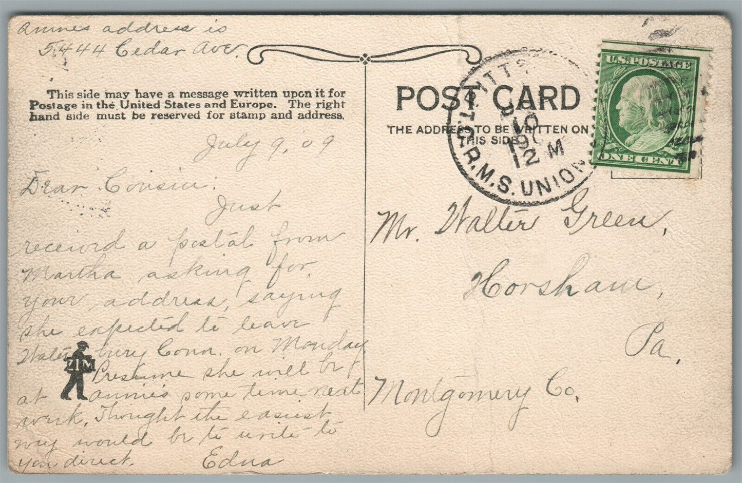 BELLEVUE PA KENDALL CURVE ANTIQUE POSTCARD