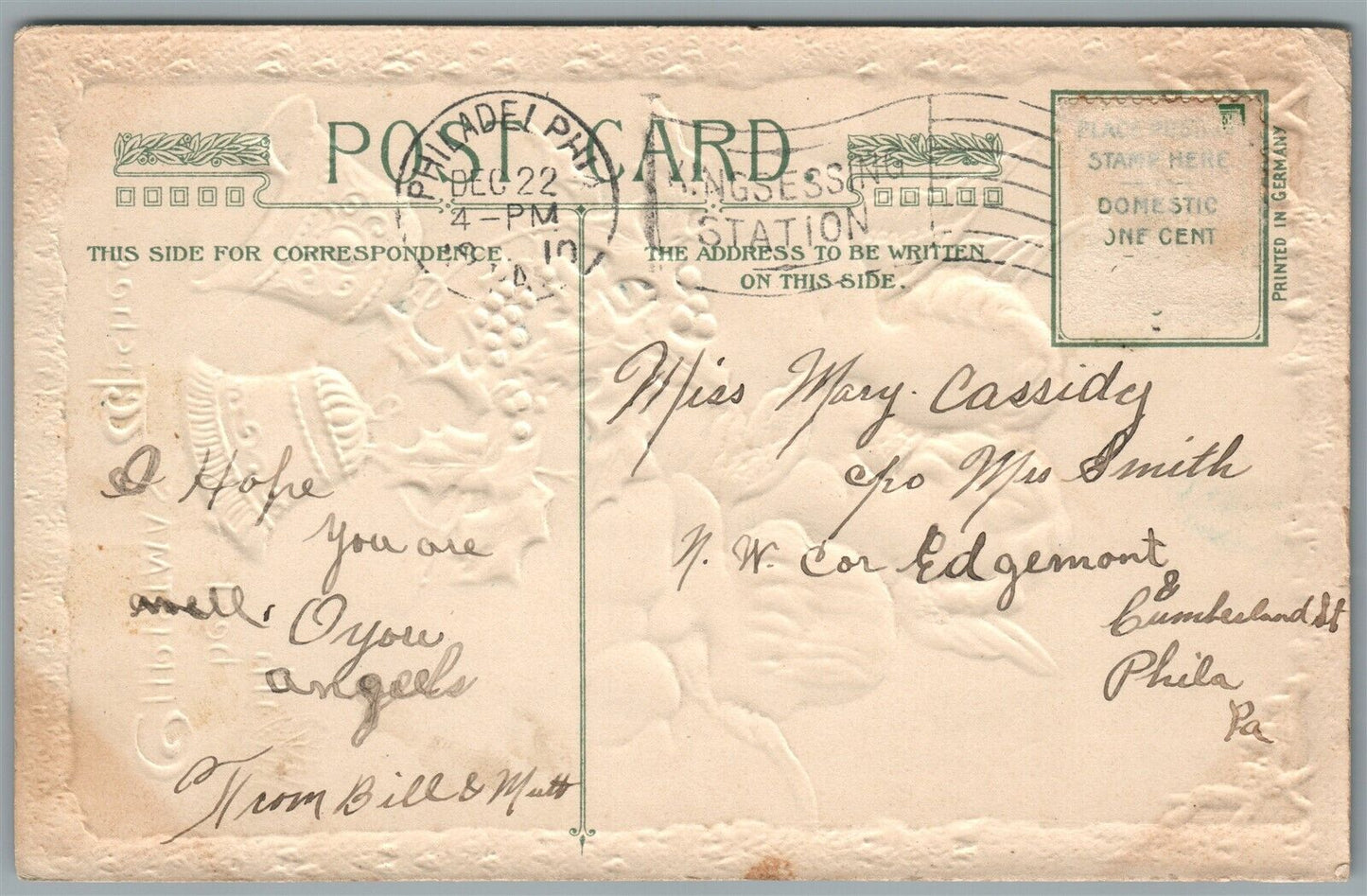 JOHN WINSCH ANGEL GIRLS HAPPY NEW YEAR CHRISTMAS ANTIQUE EMBOSSED POSTCARD