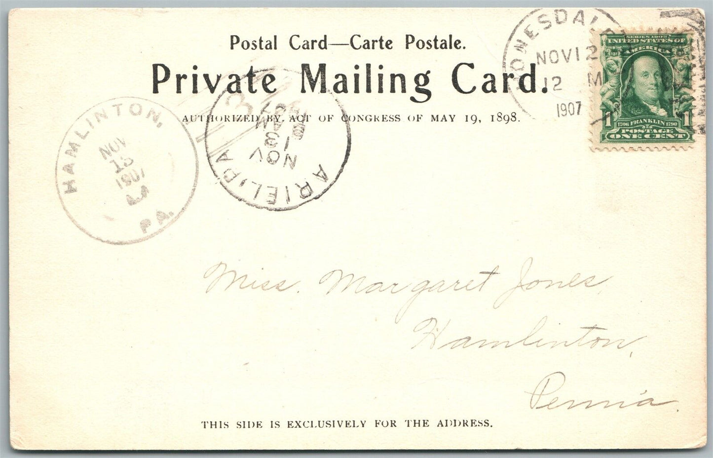 HONESDALE PA SOLDIER'S MONUMENT 1907 ANTIQUE POSTCARD PRIVATE MAILING CARD