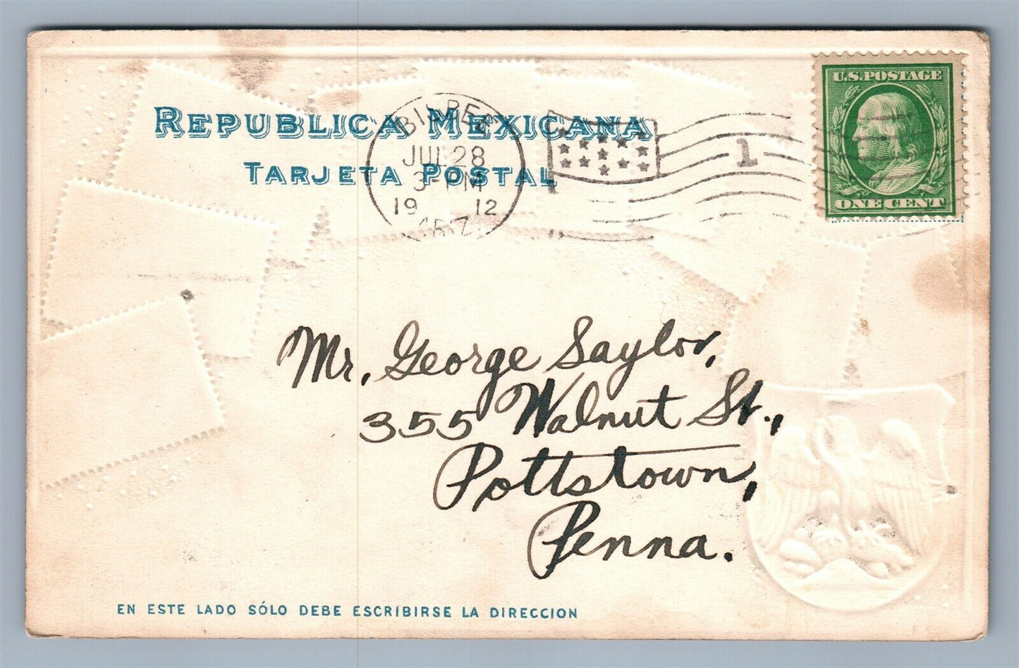 MEXICAN STAMPS EMBOSSED ANTIQUE POSTCARD MEXICO
