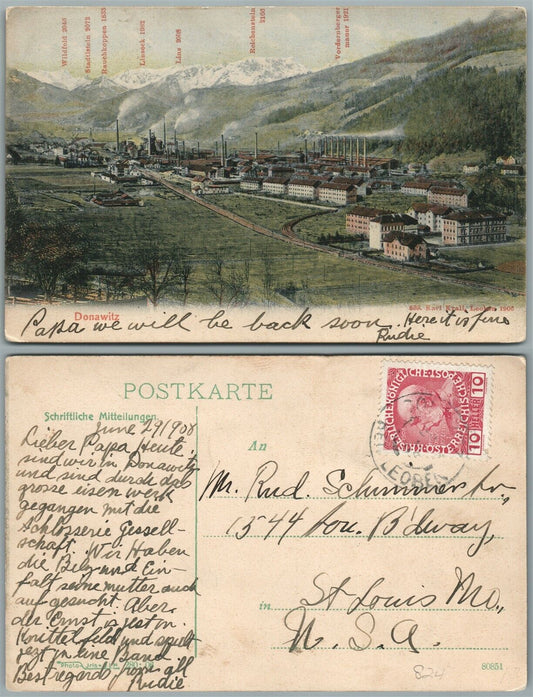 DONAWITZ AUSTRIA 1908 ANTIQUE POSTCARD w/ STAMP