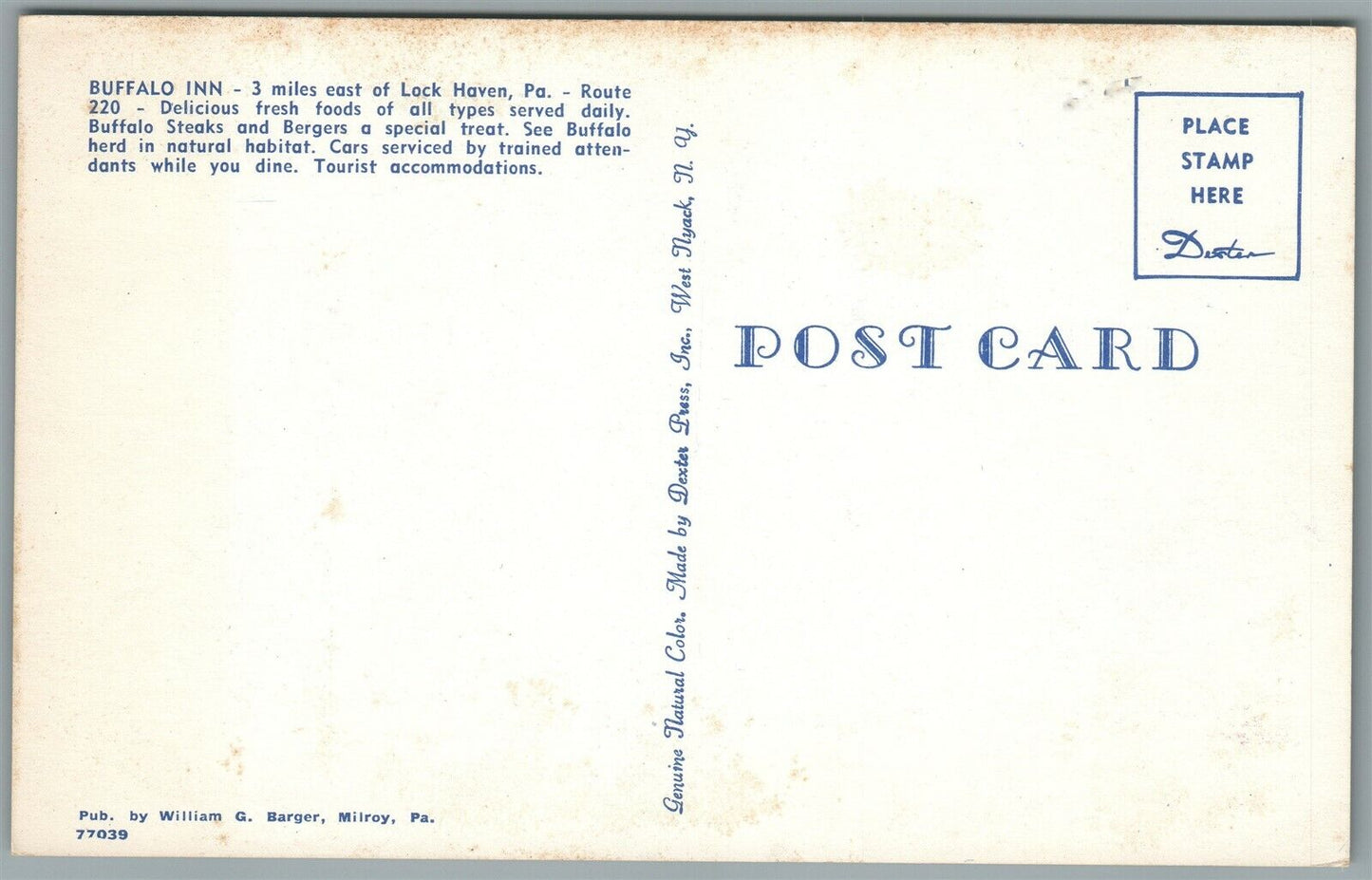 LOCK HAVEN PA BUFFALO INN VINTAGE POSTCARD