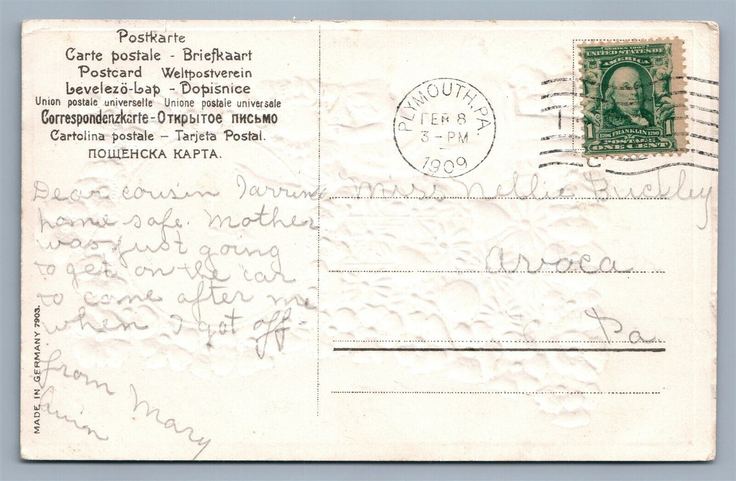 VALENTINE ANTIQUE EMBOSSED POSTCARD GIRL w/ CLOCK IN APPLIQUE CLOTH DRESS