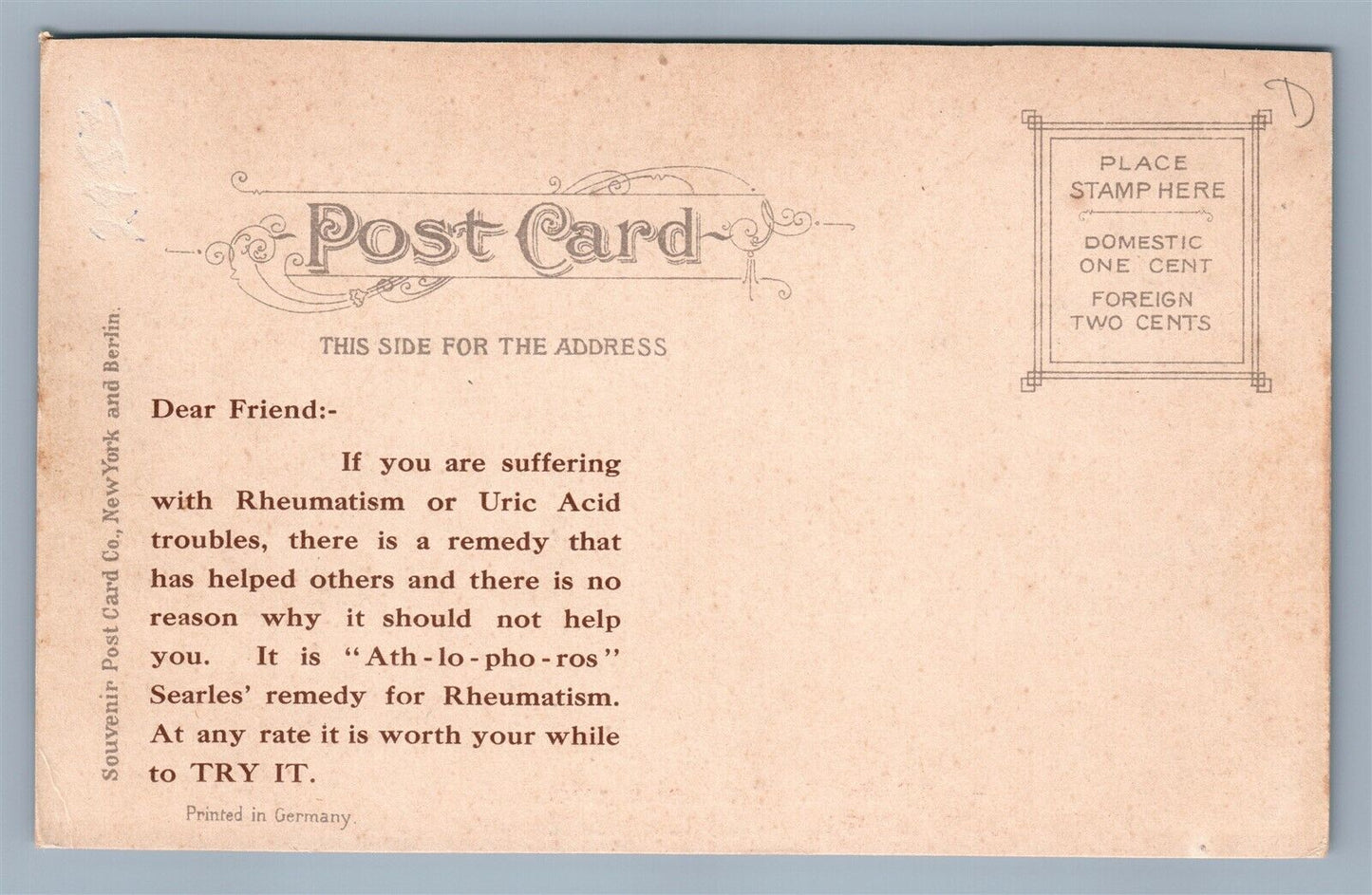 NEW HAVEN CT RHEUMTISM REMEDY ADVERTISING ANTIQUE POSTCARD
