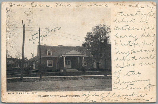 BROOKLYN NY FLUSHING LEAGUE BUILDING ANTIQUE POSTCARD