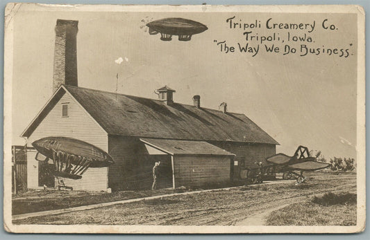 TRIPOLI IA CREAMERY CO. FUTURISTIC COLLAGE ANTIQUE REAL PHOTO POSTCARD RPPC