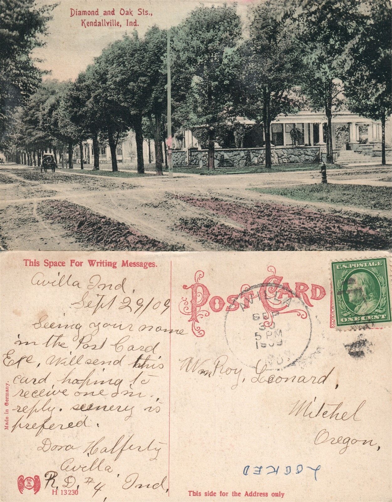 KENFALLVILLE IND. DIAMOND & OAK STREET ANTIQUE 1909 POSTCARD