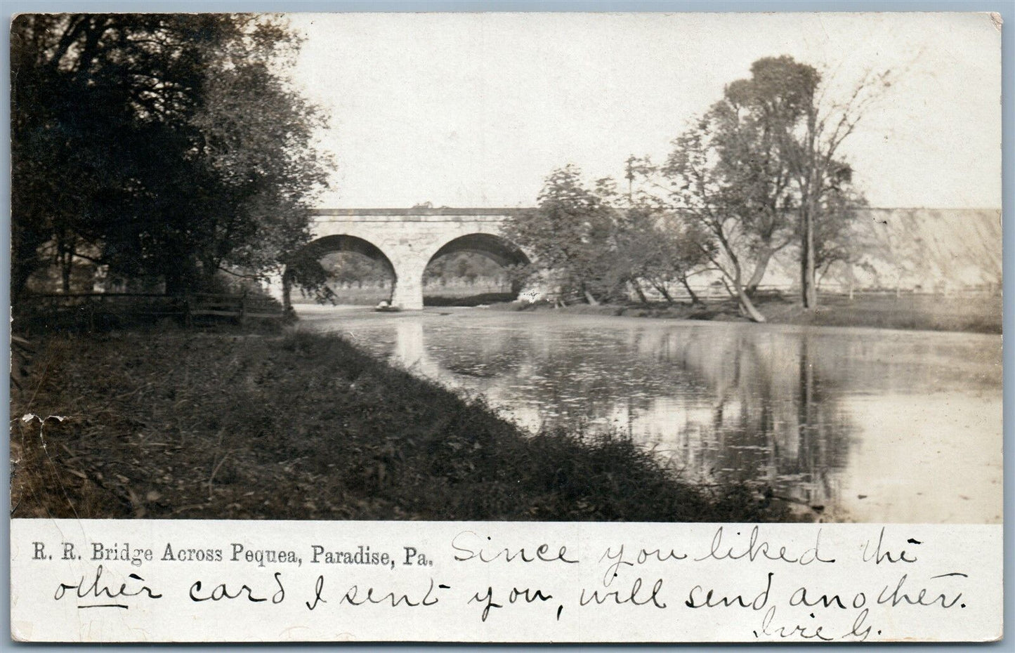 PARADISE PA RAILROAD BRIDGE ACROSS PEQUEA ANTIQUE REAL PHOTO POSTCARD RPPC